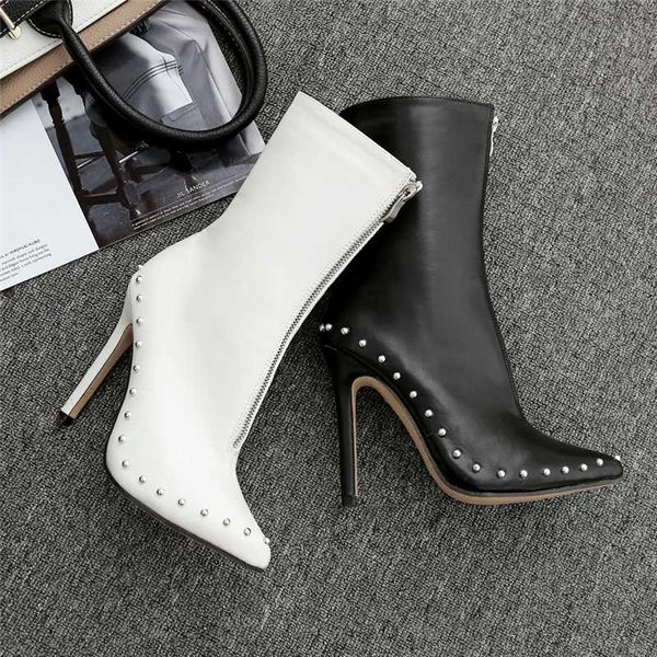 

2019 fashion women 11.5cm high heels ankle rivets fetish sock boots stiletto heels boots studded scarpins white stripper shoes, Black