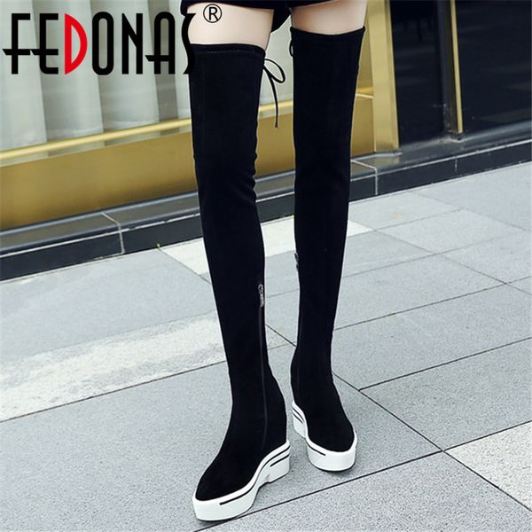 

fedonas 2020 winter platform boots warm flock women over the knee high boots party night club shoes woman wedges long, Black