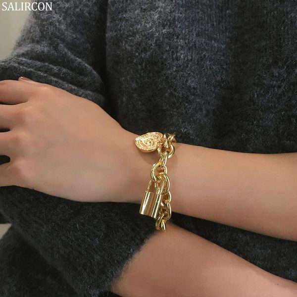 

salircon alloy heart pendant chain bracelet gold silver alloy charm lock pendant thick chain bracelet party jewelry woman gift, Black