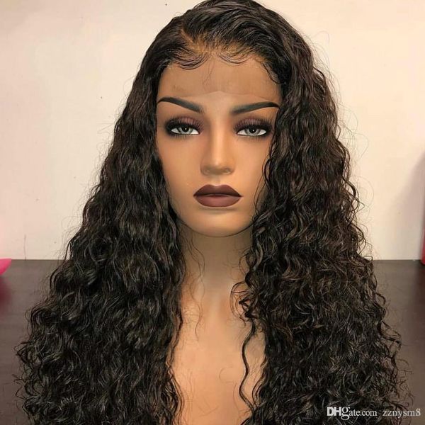 

кудрявый парик бразильского фронт шнурок человеческих волос для женщин черного цвета remy pre сорванного с natural hairline отбеленных узлам, Black