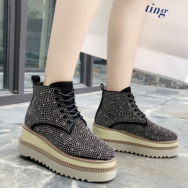 

rimocy fashion silver rhinestones ankle boots women lace up wedge platform booties mujer 2019 autumn winter crystal shoes woman, Black