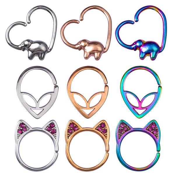 

1pc nose ring hoop septum rings copper cartilage helix earring piercing ear stud elephant alien cat shaped tragus body jewelry, Slivery;golden