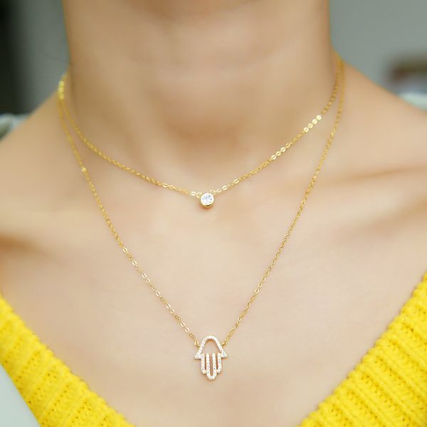 

elegant 925 sterling silver with cz paved eye hand hamsa charm double layer chain choker necklace mother's day gifts wholesale