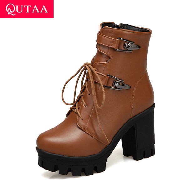 

qutaa 2020 metal decoration lace up zipper winter ankle boots pu leather square high heel round toe casual women shoes size34-43, Black