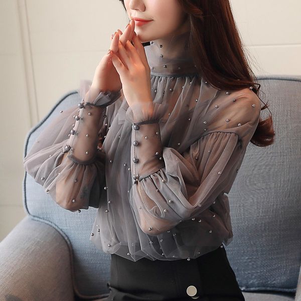 

2019 blusas блуза горячие продажи рубашка vadim плюс размер новых женщин с длинными рукавами супер фея из бисера высокий воротник фонарь рук, White