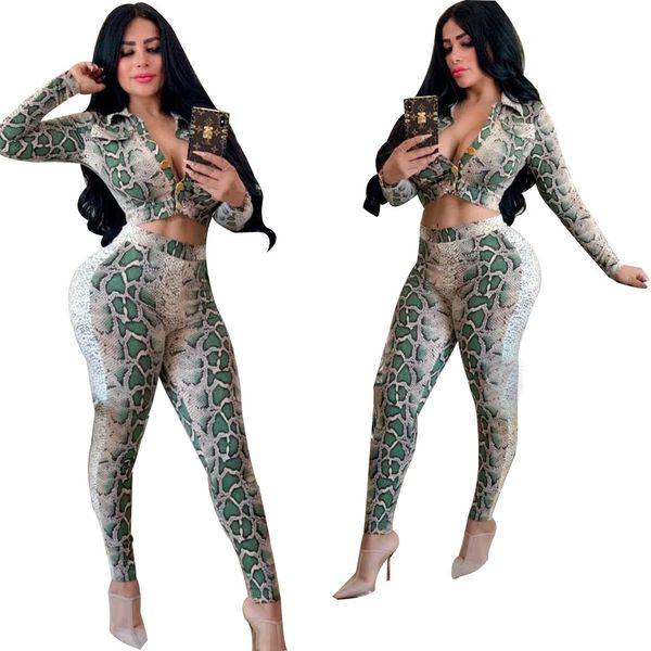 

two-piece set ms europe and america lapel single-breasted fashion snake printing complete set of clothing leisure wild sportswear new s, White