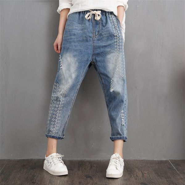 

women's jeans vintage loose denim women high elastic waist bleached floral embroidery ripped calf-length pants wild female fashion, Blue