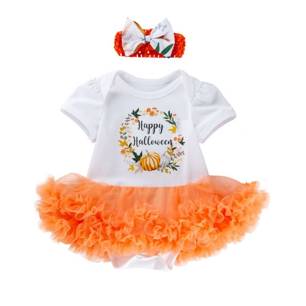 

happy halloween toddler infant baby girls dress summer short sleeve letter tutu dresses orange lace headband clothes outfits, Red;yellow