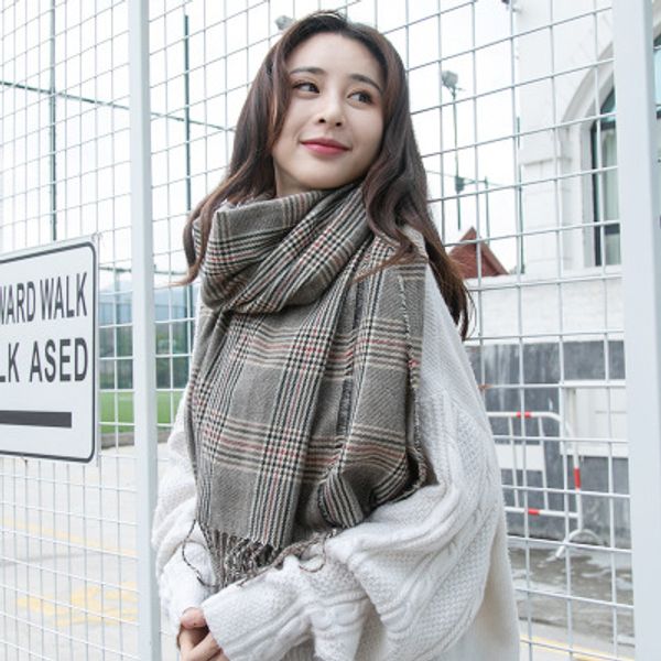 

check scarf custom-made cashmere scarf female new fashion thermal scarf fall/winter 2019 multi-tassel shawl, Blue;gray