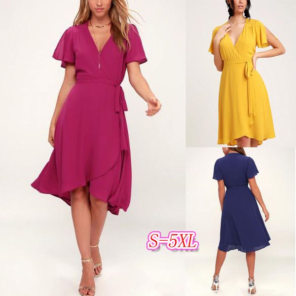 

женское дизайнерское платье большое летнее платье с высокой талией v-образным вырезом обернутая грудь зашнуровать сплошной цвет шифоновая юб, Black;gray