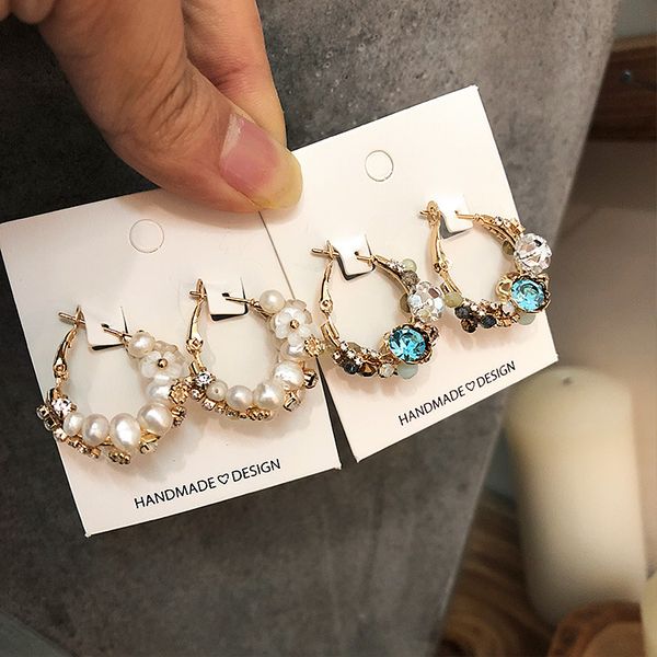 

2019 korea flower earrings female ultra fairy color crystal freshwater pearl ear hoop earrings for women accessories, Golden;silver