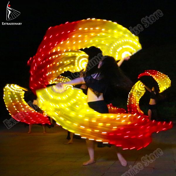 

belly dance fan veils silk led light show led silk fan veil yellow red prop accessories stage performance rechargeable, Black;red