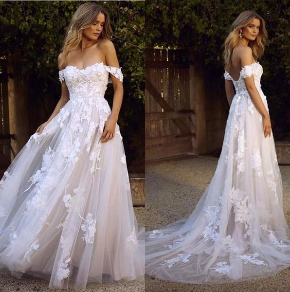 

Новые Страна BOHO Свадебные платья 2020 Sexy Backless линия плеча аппликация тюль Длинные л