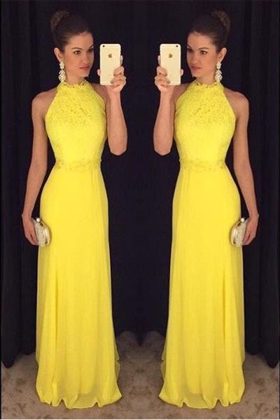 

high neck yellow chiffon lace prom dresses floor length long yellow pageant dresses sleeveless flowy evening gowns custom made, Black