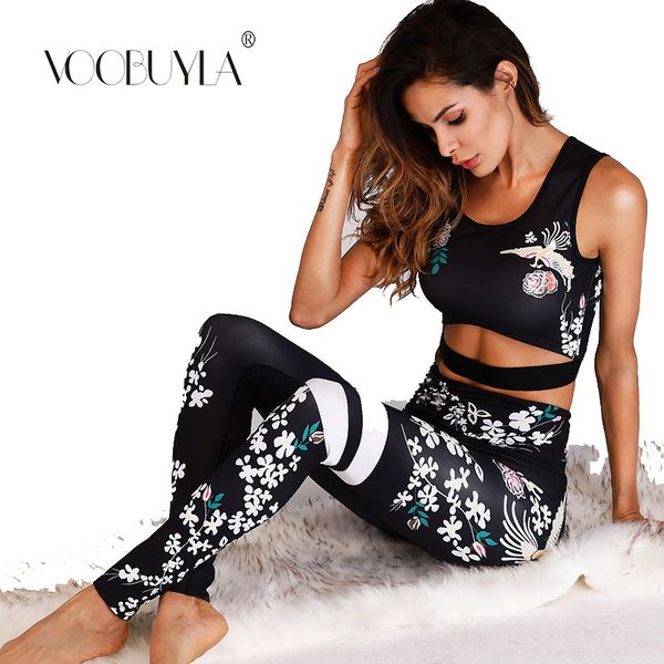

yoga outfits voobuyla floral printed women set splice running bra+leggings sports suit vintage clothing gym tracksuit, White;red