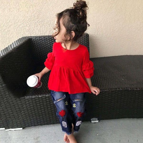 

летняя детская одежда дети малышей детские девочки outfit одежда frill t shirt tops + вышивка джинсовые брюки малышей девушки одежда set 2, White