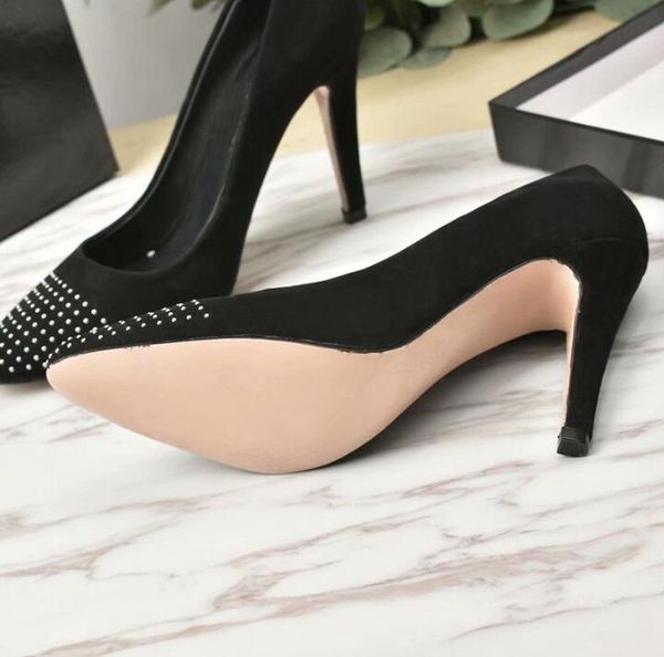 

original box] new arrival womens high heel pumps rivet pointed toe .5cm party wedding dress real leather sheepskin slip on shoes, Black