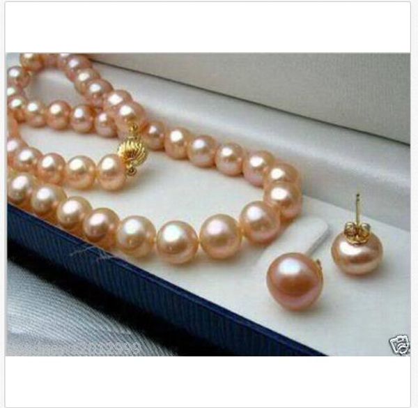 

set of 9-10mm south sea round gold pink pearl necklace earring 14k, Silver