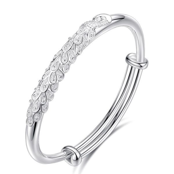 

999-foot silver bracelet carved peacock opening or silver ring push-pull adjustment bracelet ethnic chinese style lovers jewelry, Golden;silver