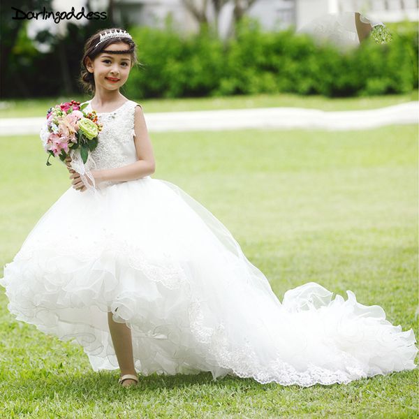 

darlingoddess 2017 ball gown lace first holy communion dresses for girls white flower girl dresses for weddings with long train, Red;yellow