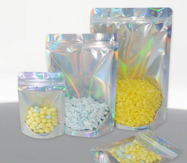 cor holográfica Mylar Bolsas Stand Up Cheiro Bags prova clara Frente Com folha de alumínio Voltar Armazenamento de Alimentos saco de embalagem de plástico