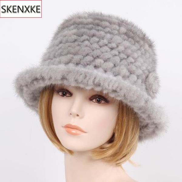 

2019 new winter lady 100% natural hats knitted warm genuine cap russian women outdoor real hat, Blue;gray
