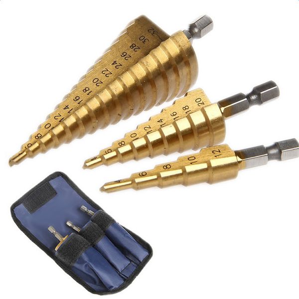 

3pc hss step cone taper drill bit set hole cutter metric 4-12/20/32mm 1/4 inch titanium coated metal hex bits