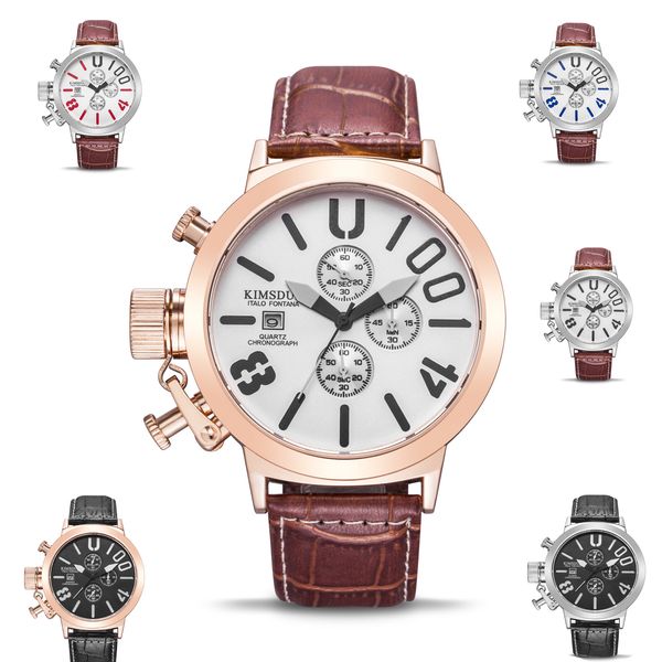 

explosive large dial belt men's watch three eyes six needles multi-functional sports waterproof men watch watches, Slivery;brown