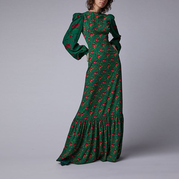 

round neck vestidos women long puffy sleeve vintage floral print gown, White;black