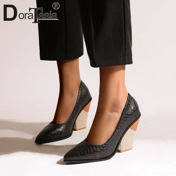 

doratasia design high block heels pumps elegant shallow date pumps women office fashion pointed toe shoes woman, Black