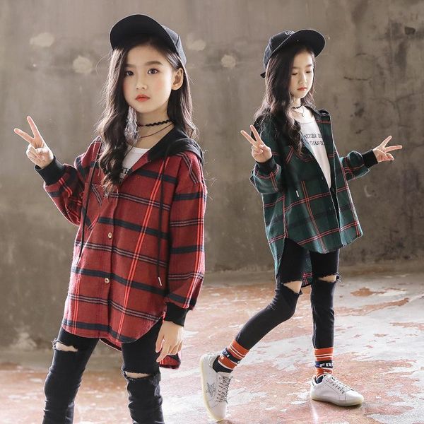 

shirts 020 children blouse girl cotton green/red plaid teenagers spring autumn fashion hooded cardigan jacket 3-14 girls clothes, White;black