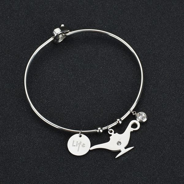 

classic style steel color round pendant stainless steel simple cz stone life letter bracelet & bangles for women, Black