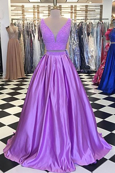 

romantic lilac 2 pieces long prom dresses v neck beading satin real p backless long evening formal dress gowns new, Black