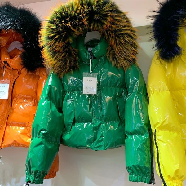 

large fur collar hooded short down padded coat women fashin candy-colored short padded parka faux fur winter coat femme, Black