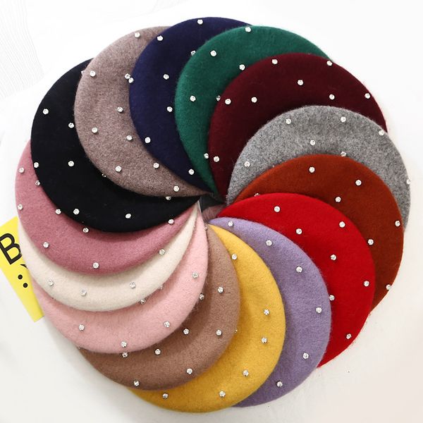 

wool women winter berets luxury pearl rivet vintage cashmere female warm vogue beret hats girls flat cap beret women painter cap, Blue;gray