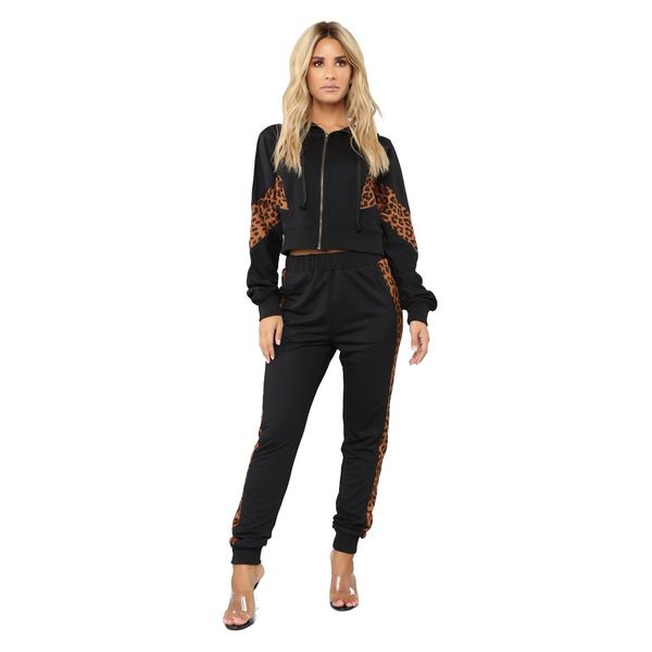 

women fashion tracksuits womens casual leopard printed panelled zipper + pants women casual two piece pants, White