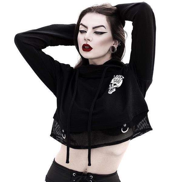 

vintage black skull print gothic hoodies punk style moto biker hip hop aesthetic female mesh patchwork cropped sweatshirts