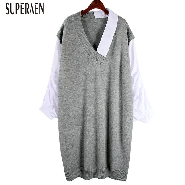 

superaen stitching fake two pieces pullovers sweaters women v-neck wild casual ladies sweaters pluz size autumn new 2019, White;black