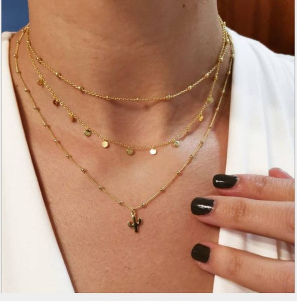 

2019 wholesale new designer creative moon vintage golden silver cactus sequin multi layer necklace fashion women jewelry gift, Black