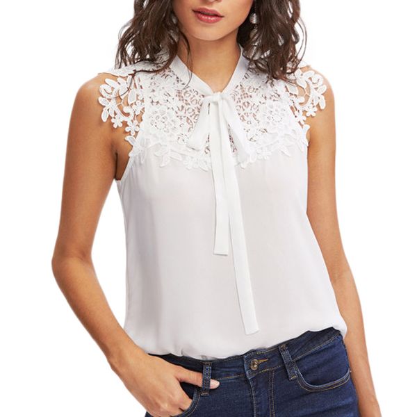 

2019 new summer fashion women blouses sleeveless ladies sleeveless bow tie lace thin chiffon shirts camisa renda blusa, White