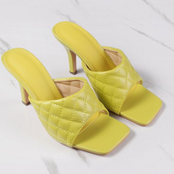 

manlegu pu diamond square head peep toe 9cm high heel slippers summer fashion slip on thin heels slides women mules party 41 42, Black