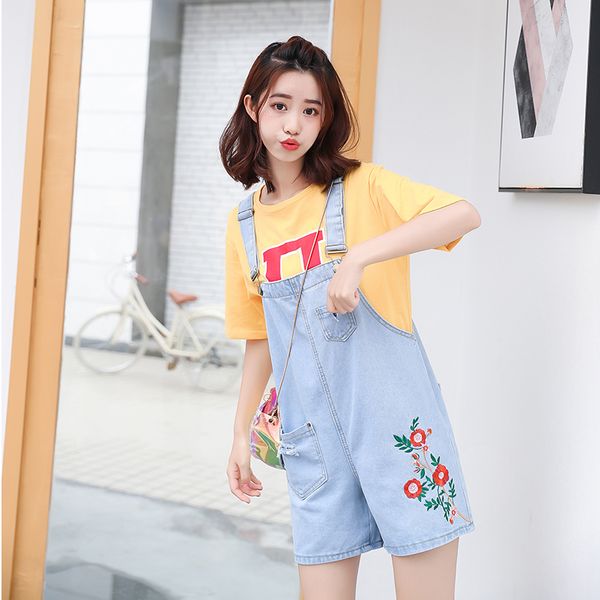 

short denim jumpsuit romper women summer overalls casual jeans short playsuits distressed details slim embroidery femme 2019 new, Black;white