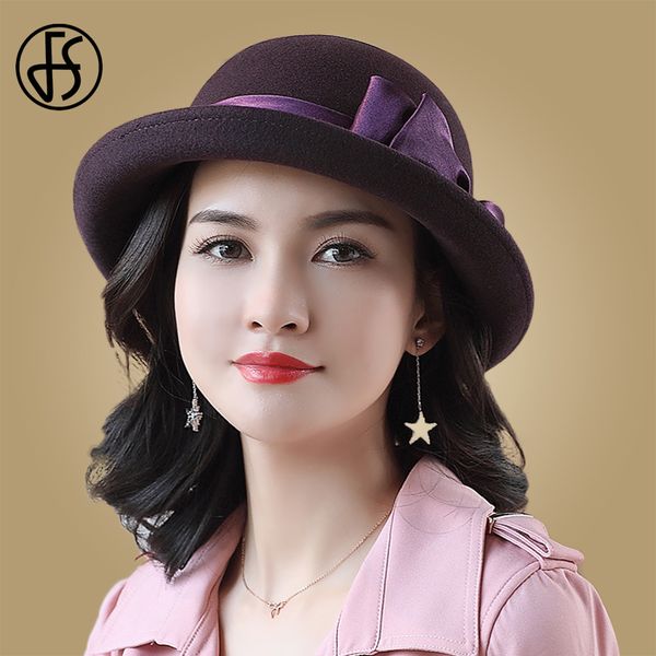 

fs women 100% wool fedora hat with bowknot purple black bowler felt hat female elegant solid warm british cap lady autumn winter, Blue;gray