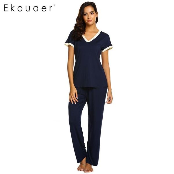 

ekouaer home clothes women sleepwear pajama casual v-neck short sleeve middle waist pants loose pajamas set nightwear suit, Blue;gray