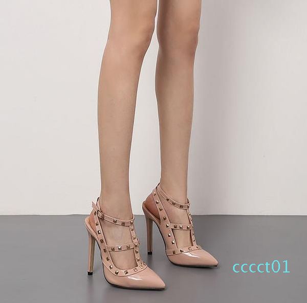 

size 35 to 40 fashion women designer heels pointed toe rivets shoes with buckle black nude pink