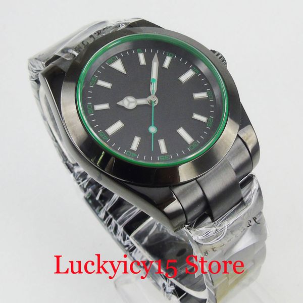 

bliger pvd black round sterile automatic men watch miyota movement deployment clasp sapphire glass green marks, Slivery;brown