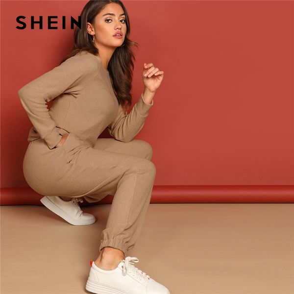 

shein apricot round neck solid pullover and slant pocket plain pants set 2019 spring women minimalist streetwear twopiece, White