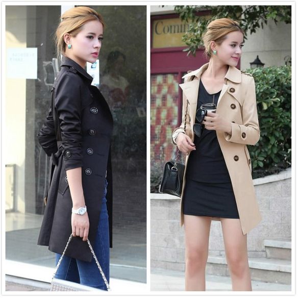 

fashion women's spring double breasted belt slim fit trench jacket casual long coat, Tan;black