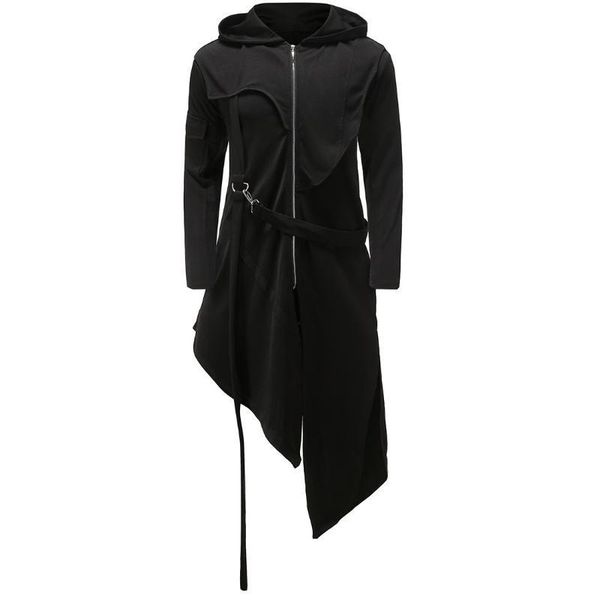 

mens 2020 luxury designer clothes hip hop gothic ring belt ribbon zip hooded irregular long trench coat men chaqueta sudadera harajuku, Tan;black