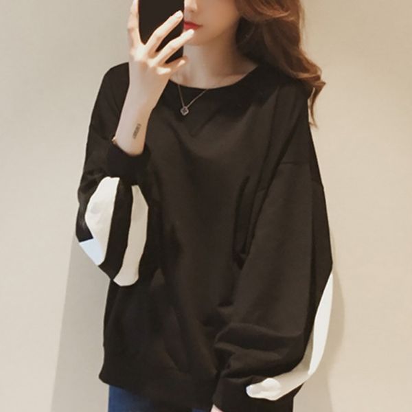 

fashion long sleeves striped sweatshirt women loose korean shirt round neck pullovers rk, Black